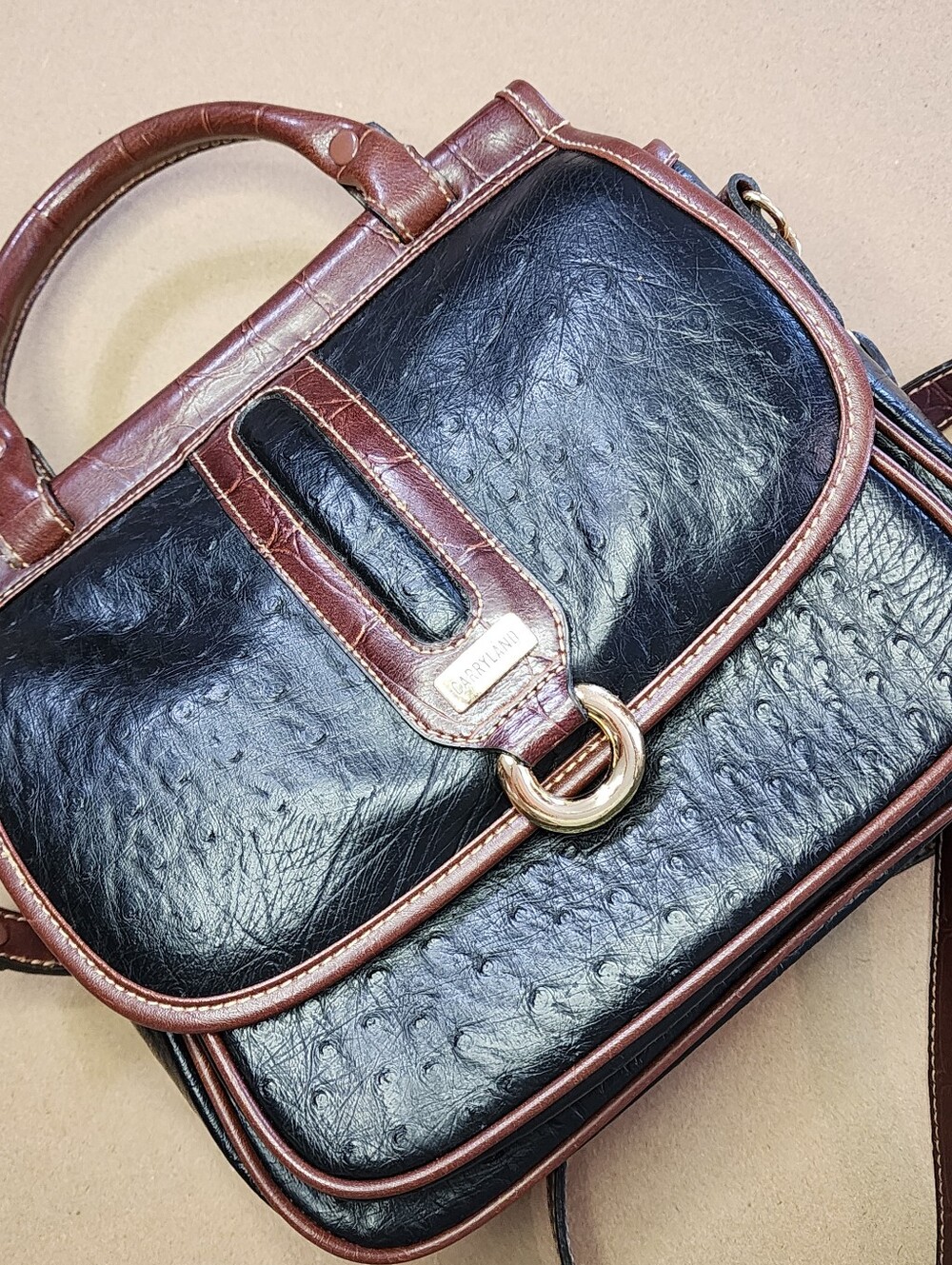Vintage Carryland  Ostrich Embossed Purse Satchel/ Crossbody Bag Black Brown Moc